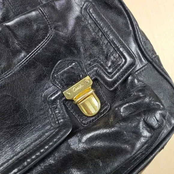 Coach Poppy Camellia Pushlock Leather Tote Glossy Black Leather #1 - Picture 9 of 14